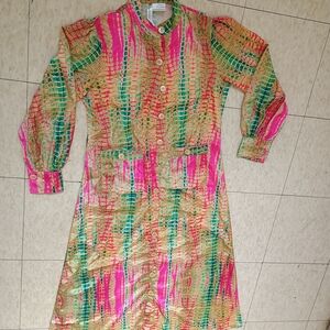 Button down reptile print Indian midi shirt dress w pockets, East Essence, Sz xs